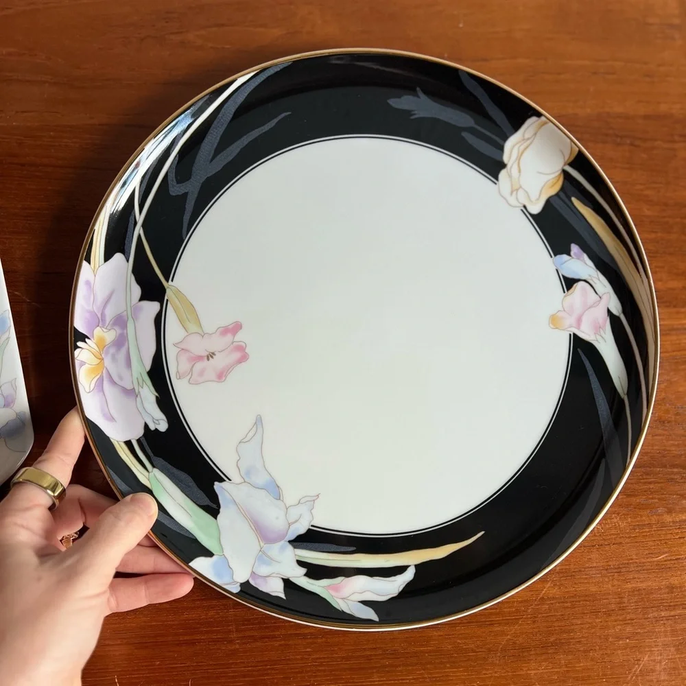 Vintage Mikasa Charisma Black Cake Plate & Server Set | Fine China Japan Floral